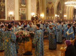 Накануне праздника Похвалы Божией Матери митрополит Василий совершил утреню с чтением акафиста в Свято-Екатерининском кафедральном соборе